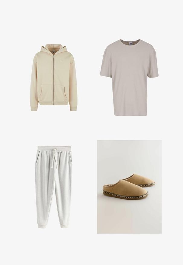 Beige Zip-Hoodie mit Fronttaschen, gerippten Bündchen und Saum. Verfügt über ein kleines weißes Logo auf der linken Brustseite. Weicher Stoff.; Hellbeige T-Shirt mit kurzen Ärmeln aus strukturiertem Stoff, mit Rundhalsausschnitt und lockerer Passform. Keine sichtbaren Muster oder Hardware.; Hellgraue Fleece-Jogginghose mit elastischem Bund, Kordelzug, Seitentaschen und Bündchen an den Knöcheln.; Beige Hausschuhe aus weichem Material mit glatter Textur. Sie verfügen über einen geflochtenen Akzent entlang der Sohle und ein offenes Design an der Rückseite.