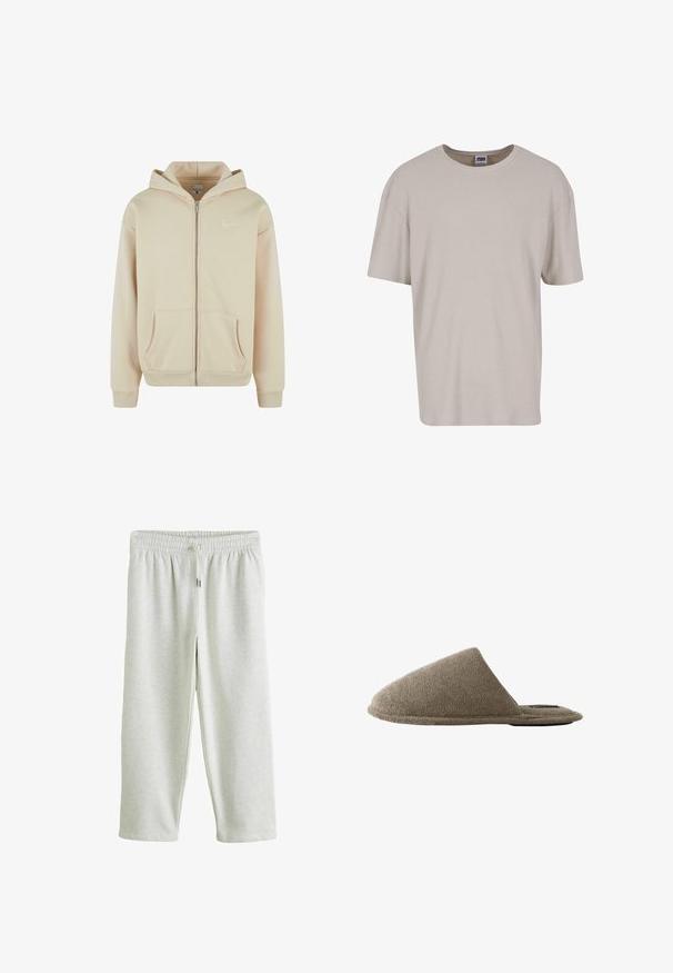 Sudadera con cremallera color beige, con bolsillos frontales, puños y cintura de canalé. Presenta un pequeño logo blanco en el área del pecho izquierdo. Textura de tela suave.; Camiseta de manga corta en color beige claro, hecha de un tejido texturizado, con un escote redondo y un corte holgado. Sin patrones ni elementos metálicos visibles.; Pantalones deportivos gris claro con cintura elástica y cordón, corte recto, tela suave.; Zapatilla única marrón de punta cerrada con tejido suave y texturizado y suela plana, mostrada desde el lateral sobre fondo blanco.