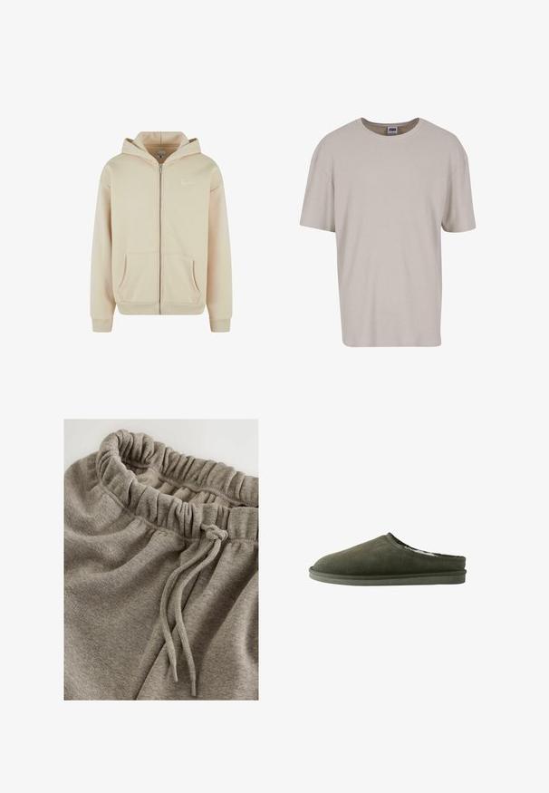 Beige zip-up hættetrøje med frontlommer, ribbede cuffs og talje. Har et lille hvidt logo på venstre brystområde. Blød stoftekstur.; Lys beige kortermet t-shirt lavet af tekstureret stof, med rund halsudskæring og en løs pasform. Ingen synlige mønstre eller hardware.; Grå bomulds joggingbukser med elastisk talje og rynket tekstur samt snøre til justering. Glat, blødt stof.; Mørkegrøn hjemmesko med en blød, ruskindsagtig yderside og polstret inderside. Har en rund tå og flad gummisål.