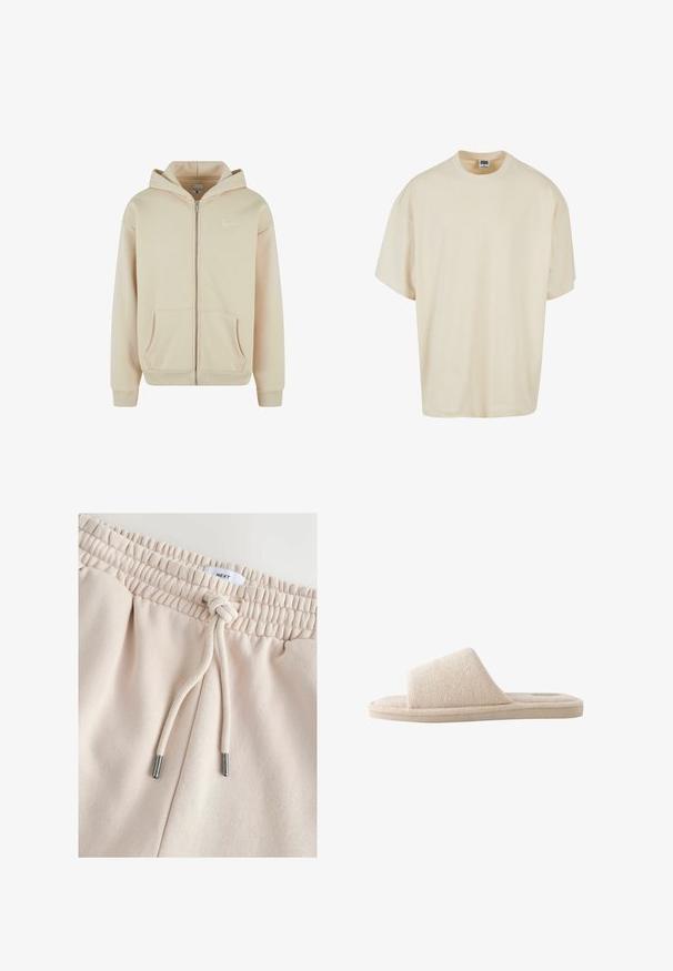 Beige Zip-Hoodie mit Fronttaschen, gerippten Bündchen und Saum. Verfügt über ein kleines weißes Logo auf der linken Brustseite. Weicher Stoff.; Cremefarbenes Kurzarm-T-Shirt mit lockerer Passform und rundem Halsausschnitt; aus weichem Baumwollstoff gefertigt und mit dezenten Nähdetails versehen.; Hellbeige Jogginghose mit Kordelzug am Bund. Weiche Textur, elastischer Bund mit gerafften Details und silberfarbene Metallenden an der Kordel.; Beige weiche Textil-Pantoffel mit offener Spitze, dicker Sohle und breitem Riemen am Rist für den Innenbereich.