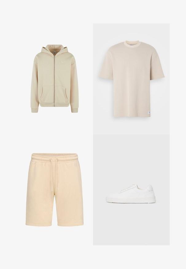 Sudadera con cremallera color beige, con bolsillos frontales, puños y cintura de canalé. Presenta un pequeño logo blanco en el área del pecho izquierdo. Textura de tela suave.; Camiseta de color beige de canalé con cuello redondo y mangas cortas, que presenta una etiqueta de marca visible en la esquina inferior izquierda.; Pantalones cortos de algodón beige con cintura elástica y cordón frontal, con bolsillos laterales y ajuste holgado.; Zapatilla blanca con parte superior de cuero suave, puntera redondeada, cordones, acentos laterales texturizados y suela de goma gruesa. Diseño minimalista.