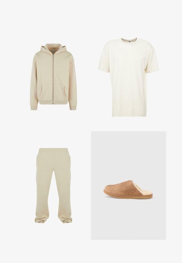 Beige tõmblukuga kapuutsiga jope, millel on ees taskud, soonikuga mansetid ja vöökoht. Vasakus rinnapiirkonnas on väike valge logo. Pehme kangastekstuuri.; Lühikeste varrukatega, ümmarguse kaelusega T-särk heleses kreemjas värvitoonis. Valmistatud pehmest puuvillast materjalist, millel on mugav lõige ja minimaalsed õmblused.; Beige joga püksid, mis on valmistatud pehmest puuvillasegust, elastse vöökoha ja mansettidega, lõdva istuvuse ja sileda tekstuuriga.; Pruun seemisnahast suss, millel on kreemikas pehme fliisvooder ja kummist tald, nähtud külgvaates valgel taustal.