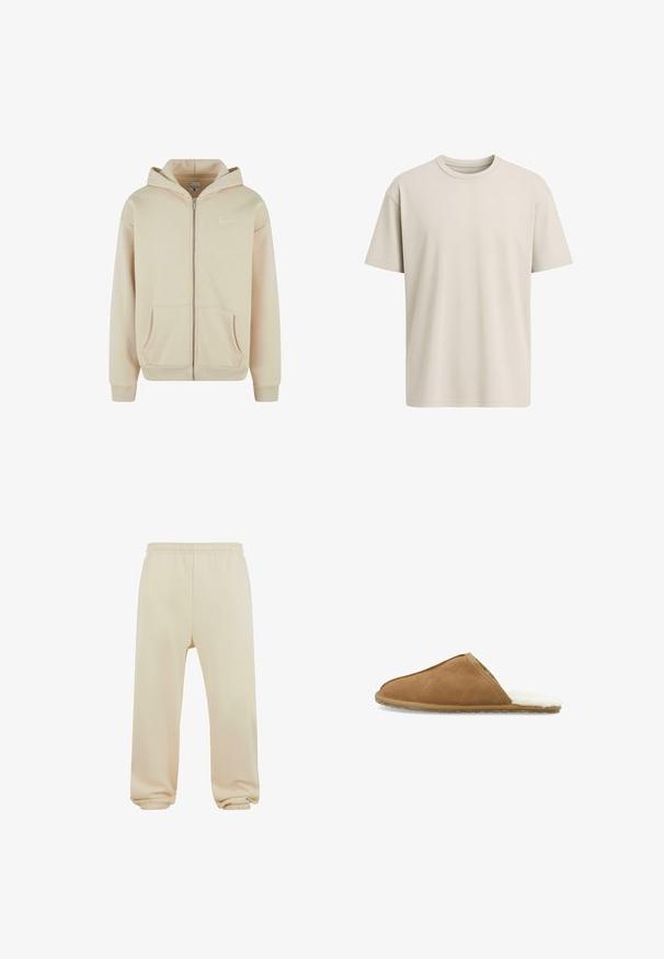 Beige Zip-Hoodie mit Fronttaschen, gerippten Bündchen und Saum. Verfügt über ein kleines weißes Logo auf der linken Brustseite. Weicher Stoff.; Helles, beige T-Shirt mit kurzen Ärmeln und Rundhalsausschnitt in lockerer Passform auf einem weißen Hintergrund.; Beige Jogginghose mit elastischem Bund, Bündchen am Saum und glatter Textur. Einfaches, gerades Design ohne Muster oder Verzierungen.; Brauner Wildleder-Hausschuh zum Hereinschlüpfen mit weichem weißem Kunstfellfutter, abgerundetem Zehenbereich und strukturiertem Sohlenprofil für besseren Halt. Schlichtes Design, keine Verzierungen.