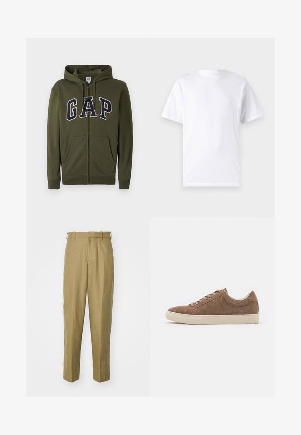 Olive zelená mikina na zips s veľkým námorníckym logom "GAP", dvoma prednými vreckami a s kapucňou so šnúrkou. Hladký materiál z bavlny a polyesteru.; Biela krátka rukávová tričko vyrobené z bavlny s okrúhlym výstrihom, s hladkou textúrou a jednoduchým dizajnom bez vzorov alebo akcentov.; Béžové nohavice vyrobené z textúrovanej tkaniny, s rovnými nohavicami, pútkami na opasok a prednými záhybmi.; Hnedé semišové voľnočasové tenisky s nízkym profilom, plochou béžovou gumovou podrážkou a šiestimi dierkami na šnúrky. Zaoblená špička a minimalistický dizajn.