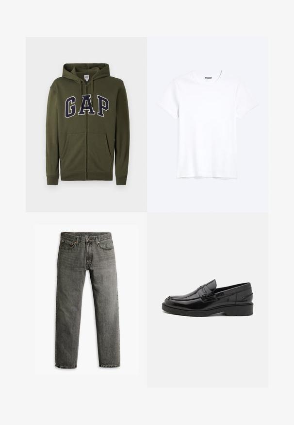 Olivgrüner Reißverschluss-Hoodie mit großem navyblauen "GAP"-Logo, zwei Fronttaschen und einer verstellbaren Kapuze. Aus glattem Baumwollmischmaterial.; Schlichtes weißes T-Shirt mit kurzen Ärmeln und Rundhalsausschnitt mit gut sichtbarem WEEKDAY-Label am Kragen, dargestellt auf hellem Hintergrund.; Graue Jeans aus Denim mit geradem Bein, klassischem Fünf-Taschen-Design und dezenten Nähten an den Säumen und Taschen.; Schwarze Lederloafers mit glatter Oberfläche, abgerundetem Zehenbereich, niedrigem Absatz und dekorativer Naht entlang der Vorderseite. Gummisohle für guten Halt.