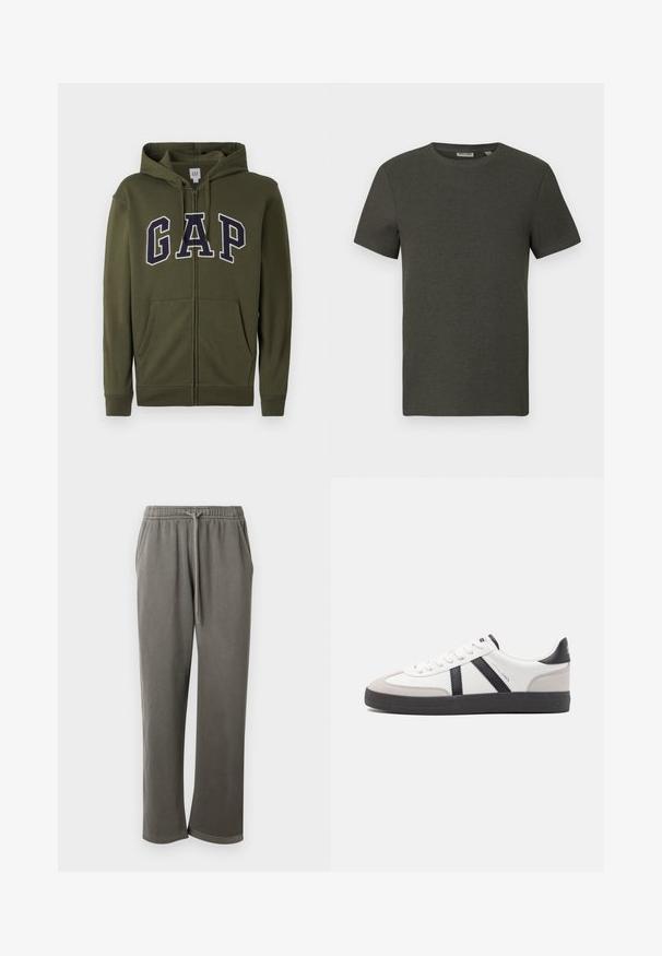 Olivgrüner Reißverschluss-Hoodie mit großem navyblauen "GAP"-Logo, zwei Fronttaschen und einer verstellbaren Kapuze. Aus glattem Baumwollmischmaterial.; Dunkelgrünes T-Shirt mit kurzen Ärmeln und rundem Ausschnitt, aus geripptem Material; zeichnet sich durch ein einfaches, minimalistisches Design ohne Muster aus.; Graue Baumwoll-Sweatpants mit elastischem Bund und Kordelzug, seitlichen Taschen und einer lockeren Passform über die Beine.; Weiße Sneaker mit schwarz- und grau-aczenten, ausgestattet mit einer strukturierten grauen Zehenkappe, schwarzer Gummi-Sohle und flachen weißen Schnürsenkeln. Sauberes Design, minimalistische Stil.