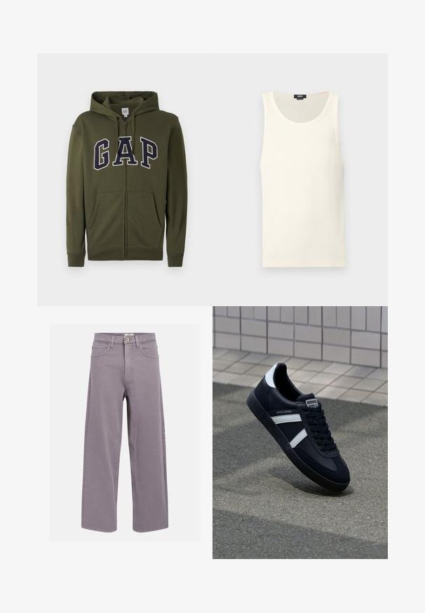 Olivgrüner Reißverschluss-Hoodie mit großem navyblauen "GAP"-Logo, zwei Fronttaschen und einer verstellbaren Kapuze. Aus glattem Baumwollmischmaterial.; Weißes Baumwoll-Trägershirt mit einer gerippten Textur, rundem Ausschnitt und ohne Ärmel. Verfügt über ein kleines Logotag unten links.; Gerade geschnittene jeans in Lavendel-Grau mit Vorder- und Hintertaschen, Gürtelschlaufen und einem Knopfverschluss an der Taille.; Schwarze Leder-Sneaker mit weißen Streifen, strukturiertem Gummisohle und Schnürung. Verfügt über ein Markenetikett auf der Zunge.