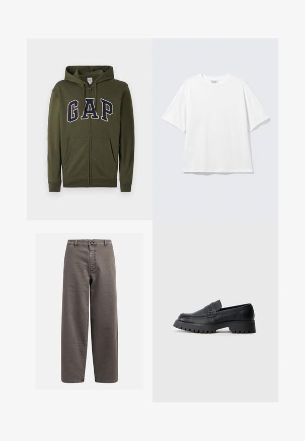 Sweat à capuche zippé vert olive avec un grand logo « GAP » bleu marine, deux poches avant et un cordon de serrage à la capuche. Matière en mélange de coton doux.; T-shirt blanc oversize à manches courtes, col rond, épaules tombantes, posé à plat sur fond gris clair.; Pantalons larges gris en mélange de coton ; avec fermeture à bouton, passants de ceinture et poches avant ; texture lisse et durable.; Mocassins en cuir noir avec un bout arrondi, présentant une sangle décorative et une semelle en caoutchouc épaisse avec de profonds crampons pour une meilleure adhérence.