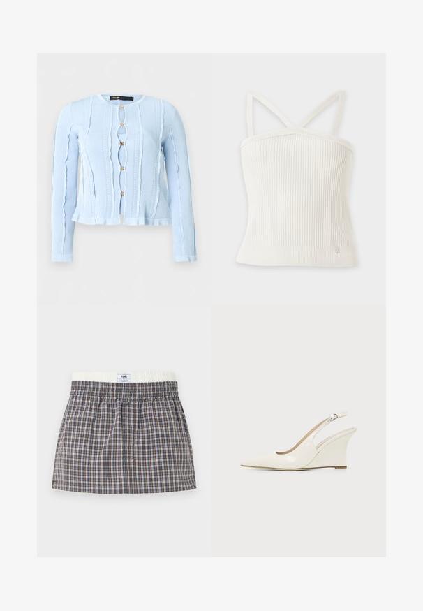 Cardigan en tricot bleu clair à manches longues avec des bords ondulés, des motifs texturés verticaux et cinq boutons décoratifs dorés sur le devant.; Top court en maille côtelée blanche avec fines bretelles et petite étiquette métallique de la marque près de l'ourlet inférieur.; Shorty boxer à carreaux marron, bleu et blanc avec une taille élastique et une étiquette blanche au centre devant.; Chaussure compensée blanche en cuir verni avec bout pointu et bride ajustable à boucle sur fond uni.