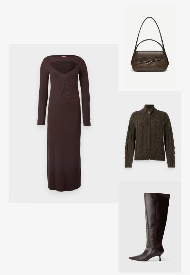 Cable-knit zip-up cardigan i mørke olivengrøn. Har en ribbet krave, tekstureret mønster og en sølvfarvet lynlåslukning.; Lang brun ribstrikket kjole med dyb V-hals og åben ryg. Har lange ærmer og en gulvlængde silhuet, som fremhæver et tætsiddende design.; Brune læderknæ-høje støvler med spids tå og slank hæl. Glat tekstur og strømlinet design med en minimalistisk silhuet.; Mørkebrun tekstureret læderhåndtaske med to stropper, afrundet rektangulær form og sølvfarvet cirkulært låsespænde på frontklap.