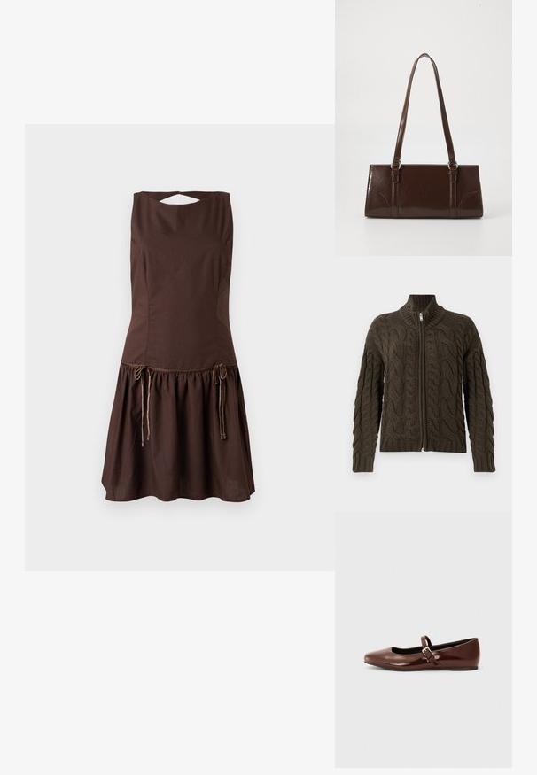 Cardigan avec fermeture éclair en tricot torsadé de couleur olive foncé. Il dispose d'un col à côtes, d'un motif texturé et d'une fermeture éclair en argent.; Robe marron sans manches avec un corsage ajusté et une jupe évasée. Caractéristiques des détails à cordon à la taille et un dos ouvert.; Ballerine en cuir verni marron avec un bout carré et une lanière ornée d'une petite boucle dorée. Texture lisse, talon bas et design minimaliste.; Sac à main en cuir verni marron de forme rectangulaire, avec deux longues poignées et des accents courbés subtils à l'avant.