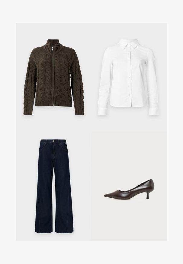 Cardigan avec fermeture éclair en tricot torsadé de couleur olive foncé. Il dispose d'un col à côtes, d'un motif texturé et d'une fermeture éclair en argent.; Chemise blanche à manches longues avec boutons, col pointu, ourlet droit et silhouette ajustée, présentée sur un fond clair uni.; Jean à jambe large de couleur bleu foncé en denim, avec une taille haute, cinq poches et des coutures orange le long des coutures.; Escarpin en cuir marron foncé à bout pointu avec petit talon incurvé sur fond blanc.