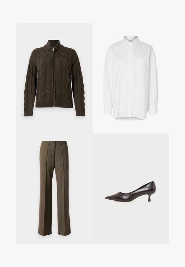 Cardigan avec fermeture éclair en tricot torsadé de couleur olive foncé. Il dispose d'un col à côtes, d'un motif texturé et d'une fermeture éclair en argent.; Chemise blanche à manches longues boutonnée avec col pointu et poche poitrine, présentée sur un fond uni.; Pantalons marron ajustés avec une coupe droite, devant plissé et taille classique. Fabriqués en tissu lisse avec une finition raffinée.; Escarpin en cuir marron foncé à bout pointu avec petit talon incurvé sur fond blanc.