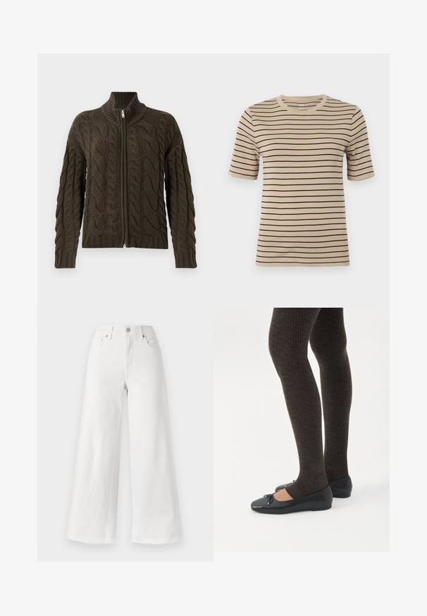 Kabelgebreide zip-up cardigan in donkergroen. Beschikt over een geribde kraag, een gestructureerd patroon en een zilveren rits.; Beige t-shirt met korte mouwen en zwarte horizontale strepen. Beschikt over een ronde hals en een zachte, gladde textuur.; Witte wijde jeans gemaakt van denim, met een hoge taille, een ontwerp met vier zakken en een ruwe zoom aan de onderkant voor textuur.; Benen met donkere geribbelde leggings gecombineerd met zwarte ballerina's met kleine strikdetails op een witte achtergrond.