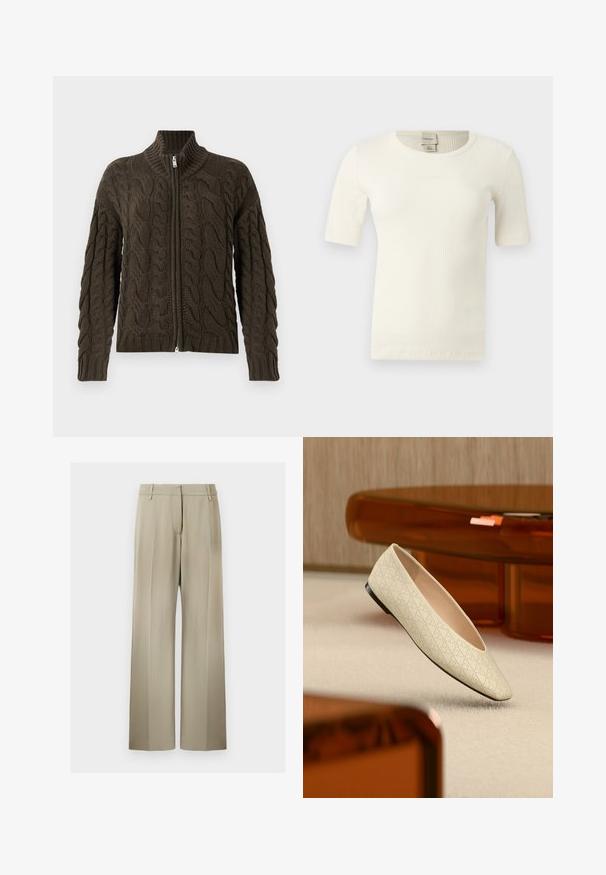 Cable-knit zip-up cardigan i mørke olivengrøn. Har en ribbet krave, tekstureret mønster og en sølvfarvet lynlåslukning.; Off-white, kortærmet ribstrikket top med rund halsudskæring og Calvin Klein-mærke på indersiden af kraven bagpå.; Bredde benbukser i blød beige stof, med en flad front, beltdusk og en glat tekstur. Standard talje med ingen synlige mønstre.; Beige flad sko med geometriske perforeringer svævende over et lyst tæppe i et rum med ravfarvet møbler.