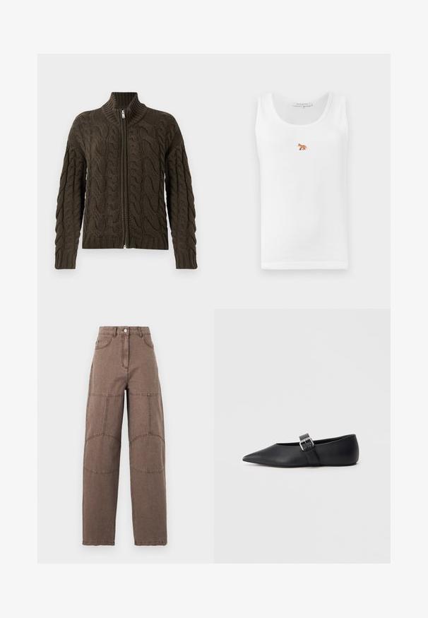 Cable-knit zip-up cardigan i mørke olivengrøn. Har en ribbet krave, tekstureret mønster og en sølvfarvet lynlåslukning.; Hvid tanktop med ribbet tekstur, der har et broderet rævdesign i orange og brunt på venstre bryst.; Brune bukser med høj talje og lige ben, med synlige knælapper, knaplukning foran og forlommer, vist på en ensfarvet baggrund.; Sort flad sko i læder med spids tå og sidelås. Glat tekstur, minimalistisk design, lav profil. Velegnet til casual brug.