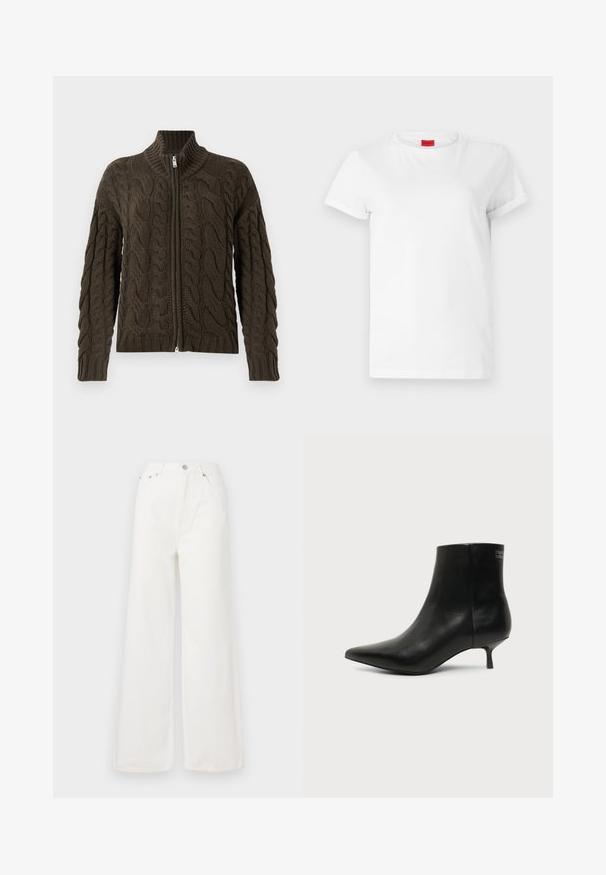 Cable-knit zip-up cardigan i mørke olivengrøn. Har en ribbet krave, tekstureret mønster og en sølvfarvet lynlåslukning.; Hvid kortærmet t-shirt lavet af letvægts bomuld. Har en rund halsudskæring og rullede ærmer. Rød logoetiket på kraven.; Hvide højtaljede brede jeans lavet af denim. Har frontlommer, knaplukning og afrivede kantdetaljer.; Sort læder ankelstøvle med spids tå og lav kitten hæl på lys baggrund, der viser yderside.
