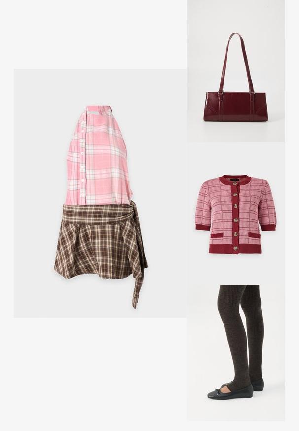 Cárdigan de punto rosa y burdeos con mangas cortas, grandes botones en la parte delantera, patrón a cuadros y dos bolsillos frontales.; Vestido sin mangas con parte superior de cuadros rosa con botones y falda de cuadros marrón con detalle de cintura atada, presentado sobre un fondo liso.; Piernas con leggings oscuros acanalados combinados con bailarinas negras que presentan pequeños detalles de lazo sobre un fondo blanco.; Bolso burdeos hecho de material brillante, de forma rectangular, con dos asas para el hombro y sutiles acentos curvados en la parte frontal.