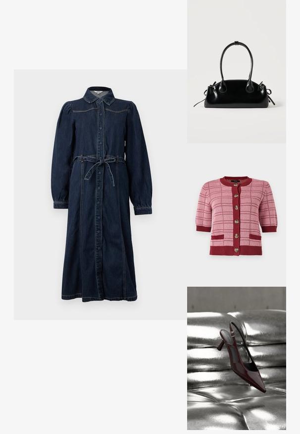 Rosa und burgunderfarbener Strickcardigan mit kurzen Ärmeln, großen Knöpfen entlang der Vorderseite, karierter Musterung und zwei vorderen Taschen.; Dunkelblaues Denim-Kleid mit Kragen, vorderem Knopfverschluss, langen Puffärmeln und einem gebundenen Taillengürtel. Verfügt über genähte Details.; Glänzender, dunkelroter Slingback-Pumps mit hohem Absatz und spitz zulaufender Vorderkappe, präsentiert auf glänzendem, silbernem, gesteppter Lederoberfläche.; Kleine schwarze glänzende Handtasche mit zwei langen Griffen und seitlichen Kordelzug-Details vor einfachem hellem Hintergrund.