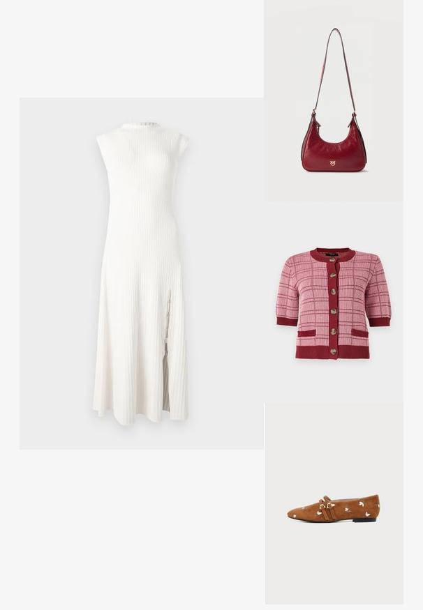 Cárdigan de punto rosa y burdeos con mangas cortas, grandes botones en la parte delantera, patrón a cuadros y dos bolsillos frontales.; Vestido midi sin mangas de punto acanalado blanco con cuello alto y abertura lateral con detalle decorativo de cadena.; Zapato plano de ante marrón con flores blancas bordadas y dos pequeñas correas con hebilla dorada sobre un fondo claro liso.; Bolso pequeño de hombro en cuero rojo oscuro con una sola correa y un emblema de logo en tono dorado en el centro frontal.