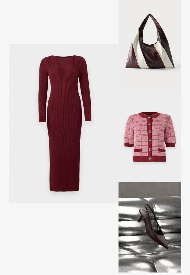 Rosa und burgunderfarbener Strickcardigan mit kurzen Ärmeln, großen Knöpfen entlang der Vorderseite, karierter Musterung und zwei vorderen Taschen.; Burgunderfarbenes, geripptes Maxikleid mit langen Ärmeln und einem Boot-Ausschnitt, das eine figurbetonte Silhouette und eine subtile Textur aufweist.; Glänzender, dunkelroter Slingback-Pumps mit hohem Absatz und spitz zulaufender Vorderkappe, präsentiert auf glänzendem, silbernem, gesteppter Lederoberfläche.; Große dreieckige Ledertasche mit breiten diagonalen Streifen in Dunkelbraun, Burgunderrot und Cremefarben vor einfachem Hintergrund.