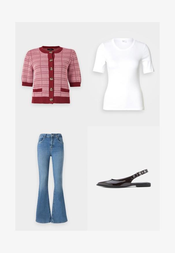 Cárdigan de punto rosa y burdeos con mangas cortas, grandes botones en la parte delantera, patrón a cuadros y dos bolsillos frontales.; Camiseta blanca de manga corta hecha de algodón liso, con escote redondo y forma ajustada. Diseño clásico, sin estampados ni adornos.; Jeans acampanados de denim azul, con una cintura alta, cierre de cremallera y botón, y un diseño desgastado con sutiles detalles de arrugas.; Zapatos planos slingback de charol negro con punta puntiaguda, tacón plano y correa ajustable con herrajes plateados y detalles de ojales.