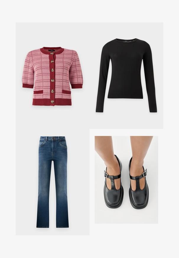 Roze en bordeaux gebreide cardigan met korte mouwen, grote knopen aan de voorkant, geblokt patroon en twee voork zakken.; Zwart aansluitend shirt met lange mouwen en ronde hals, getoond op een effen lichte achtergrond.; Donkerblauwe denim flared jeans, met een vervaagde wassing, vijf zakken en riemlussen. Klassiek ontwerp met een sluiting met een knoop aan de voorkant.; Zwarte leren schoenen met een T-bandontwerp, gesloten teensluiting en zilverkleurige gespdetails. Glad oppervlak met een ronde neus en platte zool.