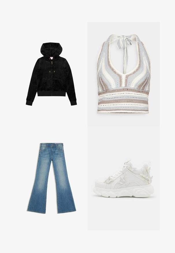 Sort fløjl zip-up hættetrøje med en frontlomme, guld hardware og en foret hætte med en subtil logo-detalje på brystet.; Hæklet halterneck-top med lyseblå, beige og hvide striber, dyb V-halsudskæring og knyttet ryg. Åben vævet tekstur hele vejen igennem.; Blå denimjeans med flared ben, forlommer og knaplukning, vist mod en hvid baggrund.; Hvid chunky sneaker med tyk sål og dekorative 3D sommerfugle detaljer på siden, snørebånd og hæl.
