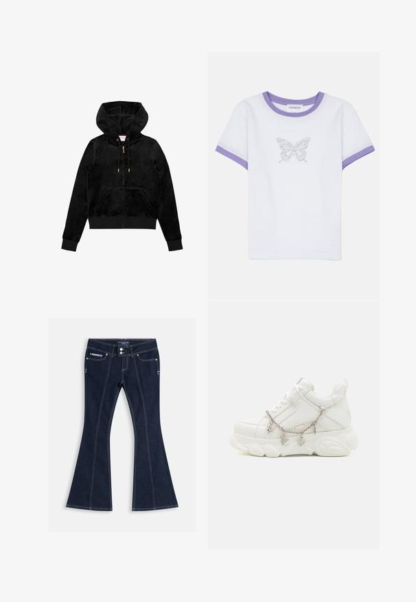 Sort fløjl zip-up hættetrøje med en frontlomme, guld hardware og en foret hætte med en subtil logo-detalje på brystet.; Hvid bomulds t-shirt med korte ærmer, lilla ribbet halsudskæring og rib, prydet med et sommerfuglemotiv lavet af rhinsten på fronten.; Mørkeblå vidde jeans med hvide syninger, forlommer, bæltestropper og to sølvknapper i taljen.; Hvide sneakers med en kraftig sål, tekstureret læderoverdel og dekorativ metal kæde med charms. Har snørebåndslukning og polstret krave.