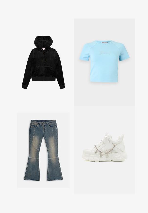 Sort fløjl zip-up hættetrøje med en frontlomme, guld hardware og en foret hætte med en subtil logo-detalje på brystet.; Lyseblå crop top med korte ærmer og rund halsudskæring med teksten "Juicy" i rhinsten midt på brystet.; Blå flare-jeans med falmede områder, prikkede sidesømme, for- og baglommer, lynlås og Juicy Couture Jeans-mærkat på linningen.; Hvide sneakers med en kraftig sål, tekstureret læderoverdel og dekorativ metal kæde med charms. Har snørebåndslukning og polstret krave.