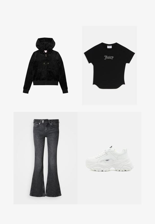 Sort fløjl zip-up hættetrøje med en frontlomme, guld hardware og en foret hætte med en subtil logo-detalje på brystet.; Sort kortærmet T-shirt med rund bund og raglanærmer. Har pyntet "Juicy" tekst i rhinsten på forsiden.; Sorte jeans med vidde, lavet af denim, med talje i midten, fem lommer og en syet kant. Dekorativt logo på bageste linning.; Hvide chunky sneakers med en glat læderoverdel, rund tå og tyk tekstureret sål med et synligt brandlogo på siden.