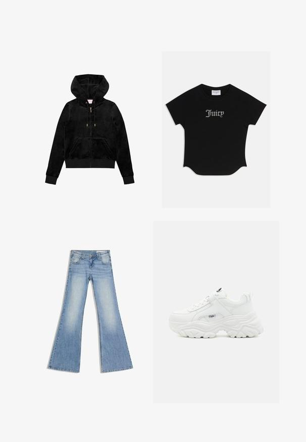 Zwarte velvet zip-up hoodie met een voorzak, gouden hardware en een gevoerde capuchon met een subtiele logo-detail op de borst.; Zwarte T-shirt met korte mouwen en een ronde onderkant, voorzien van raglanmouwen. Kenmerkt zich door versierde "Juicy"-tekst in strass-steentjes op de voorkant.; Lichtblauwe denim jeans met een hoge taille, voorkantzakken en wijde uitlopende pijpen, plat gelegd op een witte achtergrond.; Witte chunky sneakers met een soepel leren bovenwerk, ronde neus en een dikke, gestructureerde zool met een zichtbaar merklogo aan de zijkant.