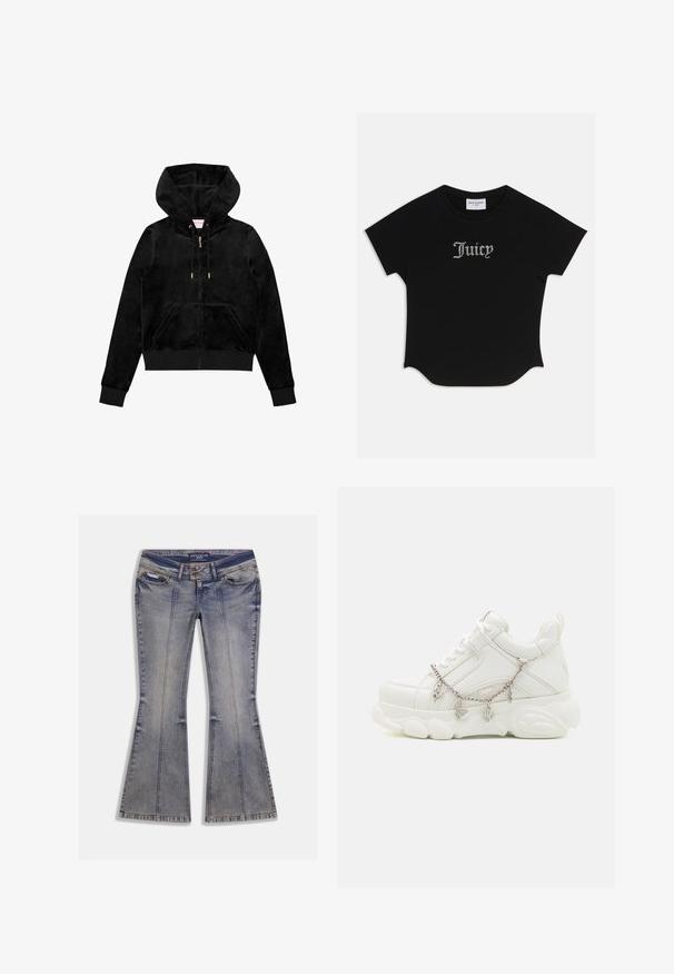 Sort fløjl zip-up hættetrøje med en frontlomme, guld hardware og en foret hætte med en subtil logo-detalje på brystet.; Sort kortærmet T-shirt med rund bund og raglanærmer. Har pyntet "Juicy" tekst i rhinsten på forsiden.; Denim jeans med vidde i lys blå med falmede pletter, forlommer og kontrastsyning. Har lynlås og mærketalje.; Hvide sneakers med en kraftig sål, tekstureret læderoverdel og dekorativ metal kæde med charms. Har snørebåndslukning og polstret krave.