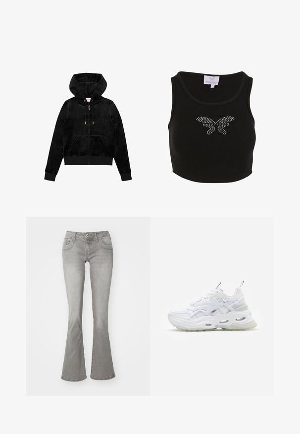 Sort fløjl zip-up hættetrøje med en frontlomme, guld hardware og en foret hætte med en subtil logo-detalje på brystet.; Sort ribbet crop top med en tætsiddende pasform, med et sommerfuglmotiv lavet af rhinsten på forsiden. Inkluderer et mærke med brandnavnet.; Grå flagrende jeans med en middelhøj talje, frontlommer og knaplukning, lavet af denimstof med en glat tekstur.; Hvide sneakers med en kraftig sål, lagdelt mesh og syntetisk overdel, med mønstrede detaljer, snøresystem og hæl-dragtag.