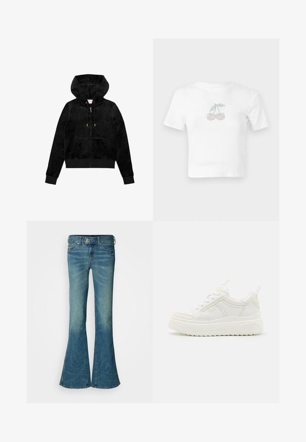 Sort fløjl zip-up hættetrøje med en frontlomme, guld hardware og en foret hætte med en subtil logo-detalje på brystet.; Hvid bomulds cropped t-shirt med et prikket kirsebærmotiv i pink og grøn foran. Korte ærmer og rund halsudskæring.; Flarvede blå denimjeans med en falmet finish, der har et klassisk fem-lommer design og en metalknaplukning i taljen.; Hvide lædersneakers med en kraftig sål, snørebåndsdesign og subtil branding. Har en glat overflade og rund tå.