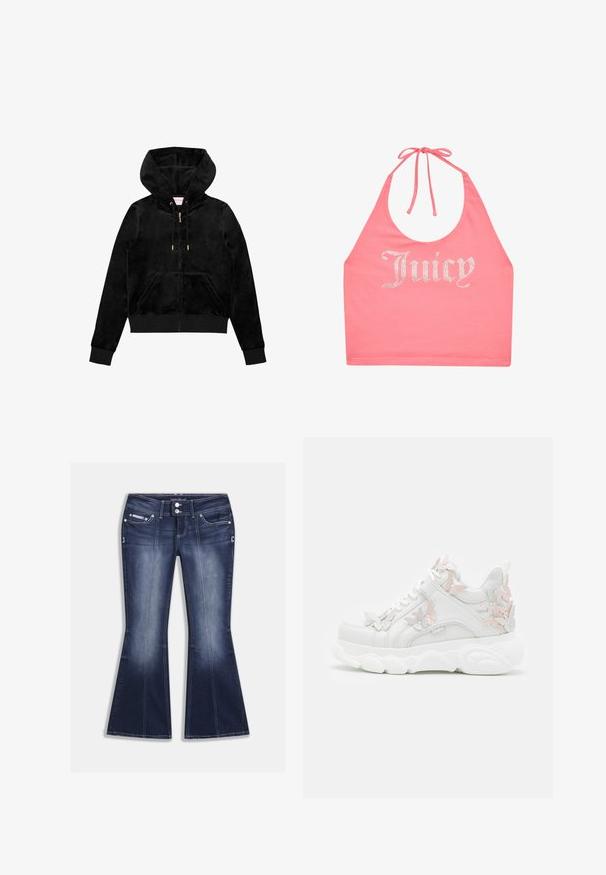 Zwarte velvet zip-up hoodie met een voorzak, gouden hardware en een gevoerde capuchon met een subtiele logo-detail op de borst.; Roze haltertop met strik in de nek en strassletters die "Juicy" aan de voorkant spellen.; Donkerblauwe wijde spijkerbroek van denim, met vijf zakken, contraststiksels en een knoopsluiting met decoratieve accenten aan de voorkant.; Witte sneakers met pastelroze en zilveren vlinderaccenten, met een chunky zool, leren bovenwerk en vetersluiting.