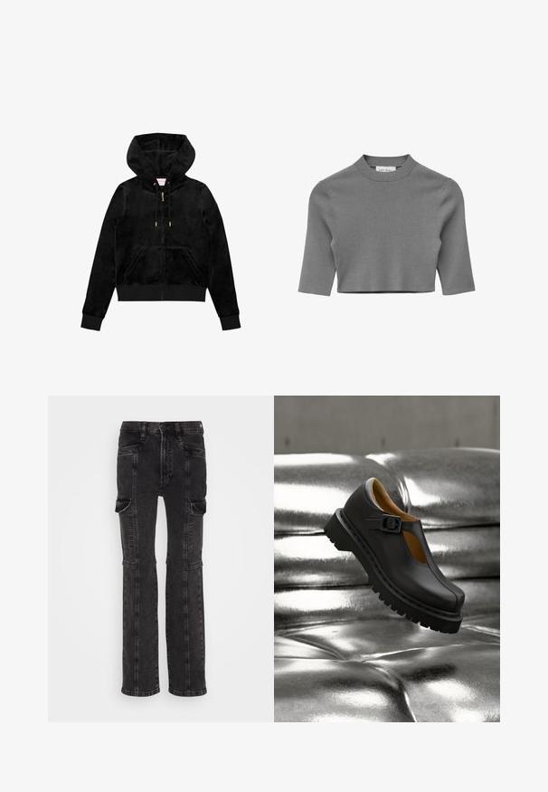 Sort fløjl zip-up hættetrøje med en frontlomme, guld hardware og en foret hætte med en subtil logo-detalje på brystet.; Grå ribstrikket cropped sweater med albuelange ærmer og en høj krave.; GAP 90S LOOSE HAINE - Jeans Relaxed Fit - black wash; Sort læder Mary Jane-sko med tyk rillede sål og spænde-rem, svævende over en skinnende sølvfarvet polstret overflade.