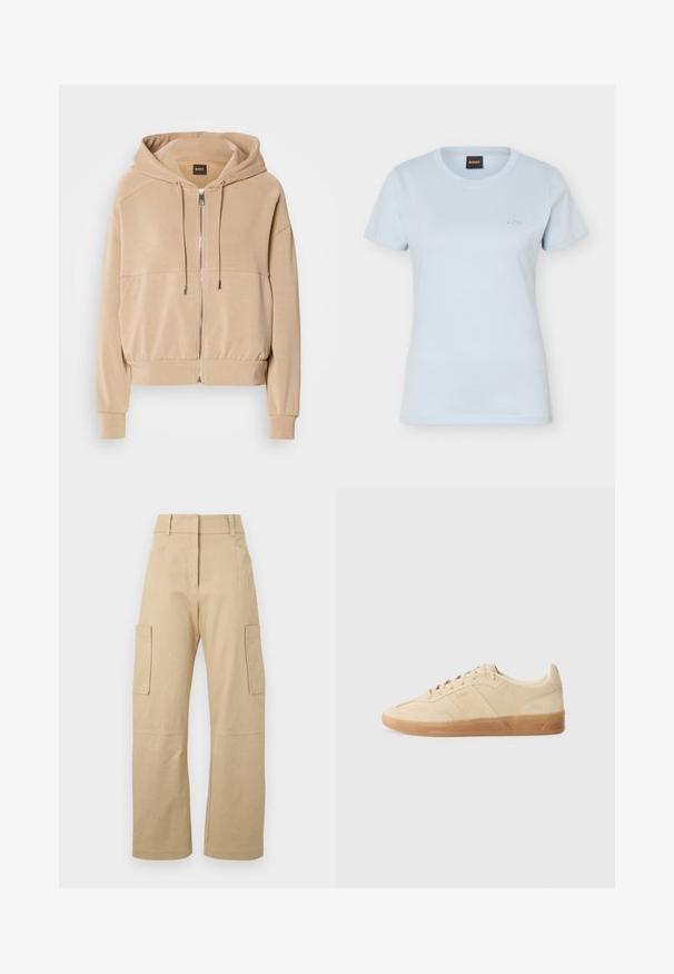 Hoodie beige avec zip sur le devant, cordons de serrage ajustables, poignets côtelés et coupe décontractée. Fabriqué en tissu léger et doux.; T-shirt pour femmes bleu clair à manches courtes, col rond, avec petit logo "BOSS" brodé sur la poitrine gauche et étiquette noire à l'intérieur du col.; Pantalons cargo beiges en coton, avec une taille haute, des jambes larges, deux poches latérales et deux grandes poches cargo sur les cuisses.; Baskets en suédine beige avec un bout rond, fermeture à lacets ton sur ton et semelle en gomme, présentant un marquage sur les côtés et une texture lisse.