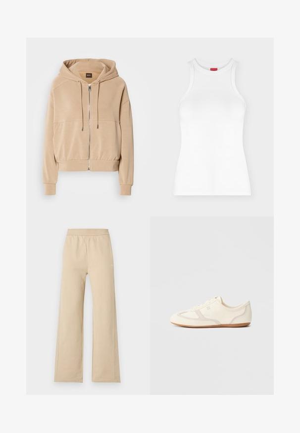 Hoodie beige avec zip sur le devant, cordons de serrage ajustables, poignets côtelés et coupe décontractée. Fabriqué en tissu léger et doux.; Débardeur côtelé blanc sans manches avec col montant et coupe ajustée, présenté sur un fond clair uni.; Pantalon beige à jambes larges avec taille élastique et détails de couture minimalistes, présenté sur un fond clair uni.; Baskets couleur crème avec une tige en daim et tissu, un bout arrondi, et une semelle en caoutchouc avec un détail accent beige. Fermeture à lacets.