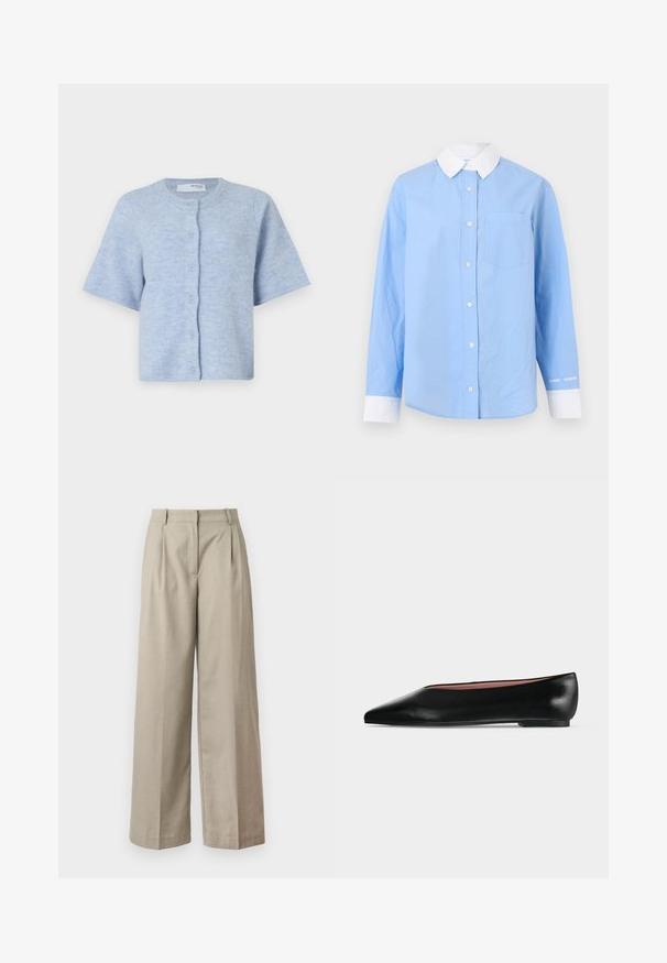 Cárdigan corto de manga corta de color azul claro, hecho de un suave tejido de punto, con un escote redondo y cinco botones en la parte delantera.; Camisa azul claro con botones, cuello blanco, mangas largas, bolsillo en el pecho y detalles blancos en los puños. Tela de algodón suave, diseño minimalista.; Pantalones beige de pierna ancha, fabricados con una tela suave, que presentan una cintura ajustada, pliegues y un corte holgado en las piernas. Diseño sencillo y líneas limpias.; Zapato plano negro de cuero para mujer con punta puntiaguda y tacón bajo, mostrado de lado sobre un fondo liso gris claro.