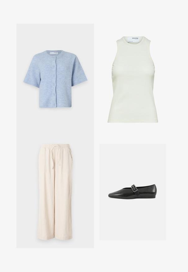 Hellblauer Kurzarm-Cardigan aus weichem Strickstoff, mit rundem Ausschnitt und fünf Knopfverschlüssen auf der Vorderseite.; Ärmelloses weißes geripptes Tanktop mit rundem Ausschnitt von Selected Femme, zeigt Vorderansicht ohne Muster oder Dekorationen.; Beige Leinen-Hose mit weitem Bein, elastischem Taillenbund und frontalen Taschen. Glatte Textur, leichtes Material, knöchellanges Design.; Schwarze Lederflachschuhe mit spitzem Zehenbereich, ausgestattet mit einem metallischen Riemen über dem Spann und einer niedrigen, flexiblen Sohle.