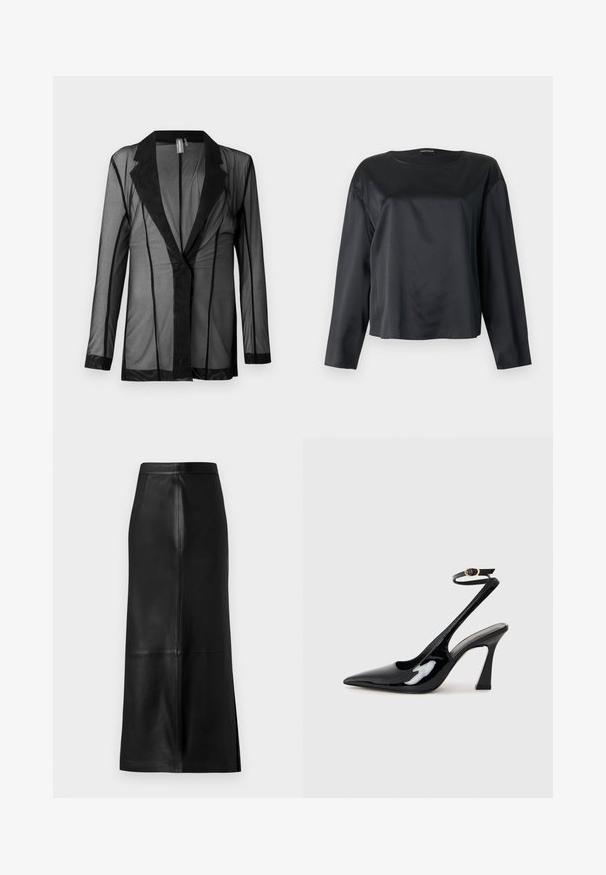 Blazer negro semitransparente con solapa clásica, mangas largas y rayas verticales. Fabricado en material ligero, con una textura suave y un diseño de apertura frontal.; Blusa negra de satén con mangas largas, escote redondo y corte holgado, mostrada extendida sobre un fondo claro.; Falda de cuero negra con una silueta recta, que presenta una abertura trasera, textura suave y costuras visibles.; Tacan de charol negro con tacón alto de slingback, con punta afilada, correa ajustable en el tobillo y un tacón bloque moderado. Textura suave con acabado brillante.