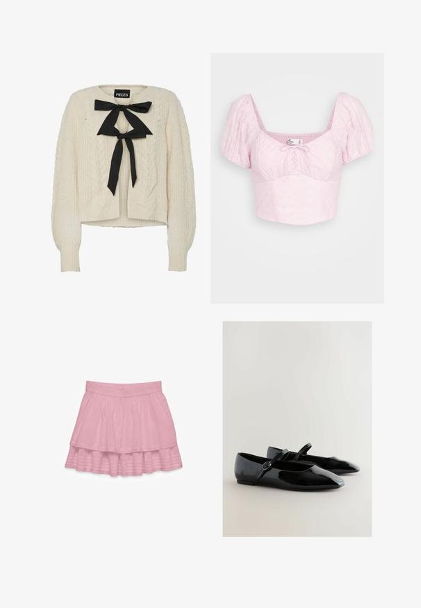 Creme kabelstrikket sweater med sort båndsløjfe ved halsen, lange ærmer samt ribstrikkede manchetter og kant. Blød tekstur, afslappet pasform.; Hollister Co. UP PUFF SLEEVE - T-shirts print - pink; Lyserød lagdelt nederdel med elastisk taljebånd og dekorative folder langs det nederste lag, vist på en hvid baggrund.; Sorte patentlæder ballerinaer med spidse tæer, flad sål og en smal rem over vristen med en rund spænde detalje.