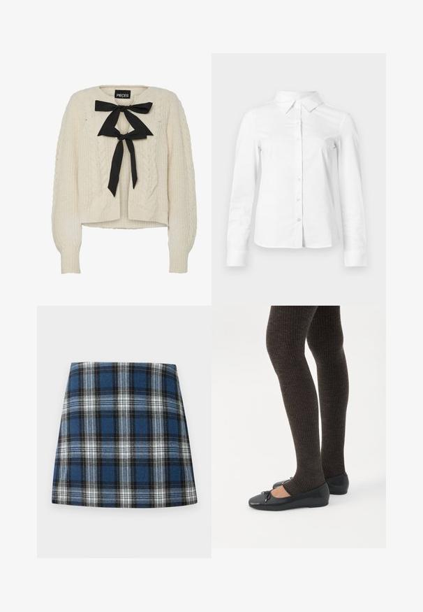 Creme kabelstrikket sweater med sort båndsløjfe ved halsen, lange ærmer samt ribstrikkede manchetter og kant. Blød tekstur, afslappet pasform.; Hvid skjorte med lange ærmer, knapper, spids krave, lige kant og tætsiddende silhuet, vist på en ensartet lys baggrund.; Blåternet skørt med et varieret ternmønster i blå, sort og hvid. Fremstillet af et struktureret stof med en tætsiddende silhuet.; Ben iført mørke ribbede leggings kombineret med sorte balletsko med små sløjfedetaljer på hvid baggrund.