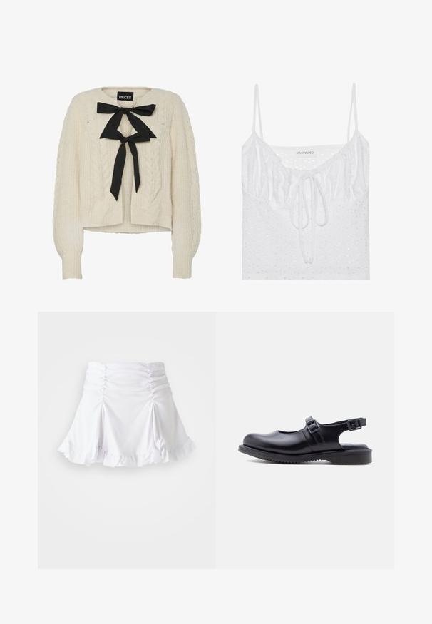 Creme kabelstrikket sweater med sort båndsløjfe ved halsen, lange ærmer samt ribstrikkede manchetter og kant. Blød tekstur, afslappet pasform.; Hvid ærmeløs top med en samlet halsudskæring, bånddetalje og struktureret hulmønster over stoffet. Brandnavn: even&odd.; Hvid nederdel lavet af tekstureret stof med rynkedetaljer og bølger. Har en udvidet design med en tætsiddende talje.; Sort læder Mary Jane-stil sko med to justerbare spænde-remme og en tyk, rillet gummisål.
