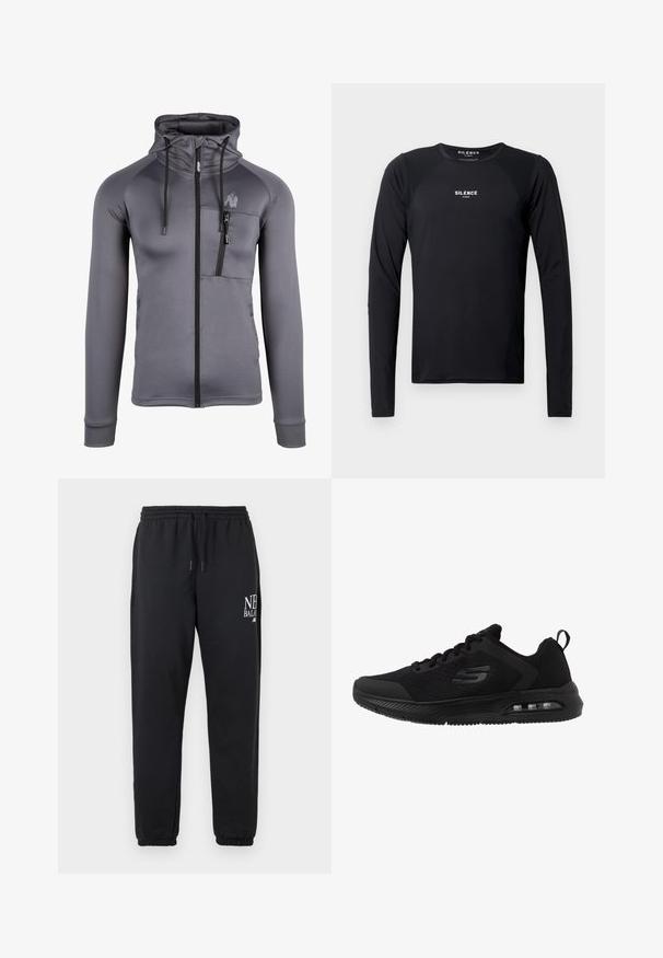 Grijze zip-up hoodie gemaakt van zachte stof, met een hoge kraag, trekkoorden, zijzakken en een borstzak met rits.; Zwart langemouw atletisch shirt gemaakt van zachte, lichte stof. Bevat een ronde hals, raglanmouwen en een subtiel logo op de borst.; Zwarte joggerbroek met elastische tailleband en boorden, met wit "New Balance"-logo op de bovenste linker dij.; Zwarte sportieve schoenen met een ademend mesh-bovenwerk, gestructureerde accenten, een gevoerde middenzool en een zichtbare luchtunit in de zool voor comfort.