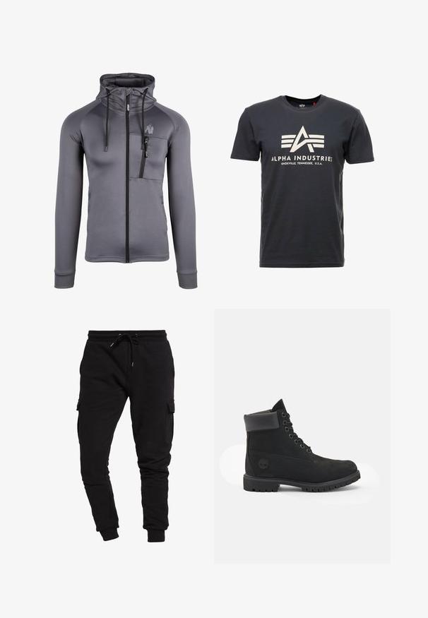 Grijze zip-up hoodie gemaakt van zachte stof, met een hoge kraag, trekkoorden, zijzakken en een borstzak met rits.; Donkergrijze katoenen t-shirt met korte mouwen. Bevat een groot wit logo met drie strepen en de tekst "ALPHA INDUSTRIES, KNOXVILLE, TENNESSEE, U.S.A."; Zwarte katoenen joggers met een taps toelopende pasvorm, een trekkoord in de taille en zij cargo pockets. Gladde textuur en elastische boorden bij de enkels.; Zwarte leren enkellaars met een ronde neus, zes oogjes vetersluiting, gevoerde kraag, gestructureerde zool en het Timberland-logo aan de zijkant.