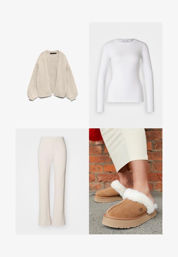 Beige chunky strikket cardigan med lange ballonærmer, åben front og ribstrikkede manchetter, vist på en hvid baggrund.; Hvid langærmet skjorte lavet af ribbet stof, med runde udskæring og tætsiddende pasform. Ingen mønstre eller accenter er til stede.; Cremefarvede ribstrikkede bukser med flared ben-design, der har en høj talje og en glat tekstur. Stoffet ser strækbart og blødt ud.; Brune svineskinds slippers med hvidt shearling-trim. Tyk mellemsål og tekstureret ydersål. UGG-logo synligt på siden. Løs pasform til afslappet brug.