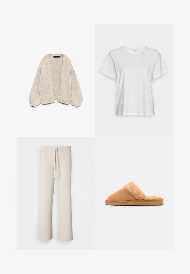 Cardigan beige en maille grosse avec manches longues ballon, devant ouvert et poignets côtelés, présenté sur un fond blanc.; T-shirt en coton blanc à manches courtes, col rond et coupe décontractée. Texture lisse, sans motifs ni graphiques, design basique.; Pantalons larges beiges en tissu doux, dotés d'une taille élastique avec cordon de serrage et d fentes sur les côtés à l'ourlet.; Even&Odd Chaussons - cognac