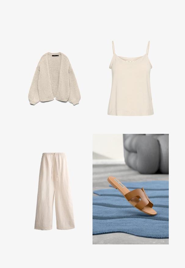 Cardigan beige en maille grosse avec manches longues ballon, devant ouvert et poignets côtelés, présenté sur un fond blanc.; Camisole beige clair en tissu doux, avec de fines bretelles réglables et un décolleté en V, offrant une coupe légèrement décontractée.; Pantalon large en lin beige avec taille élastique et cordon de serrage, coupe ample adaptée à une tenue décontractée.; Sandale plate marron à enfiler avec un design découpé, fabriquée en matériau lisse. Elle possède une semelle de couleur beige clair et une étiquette sur la semelle intérieure.